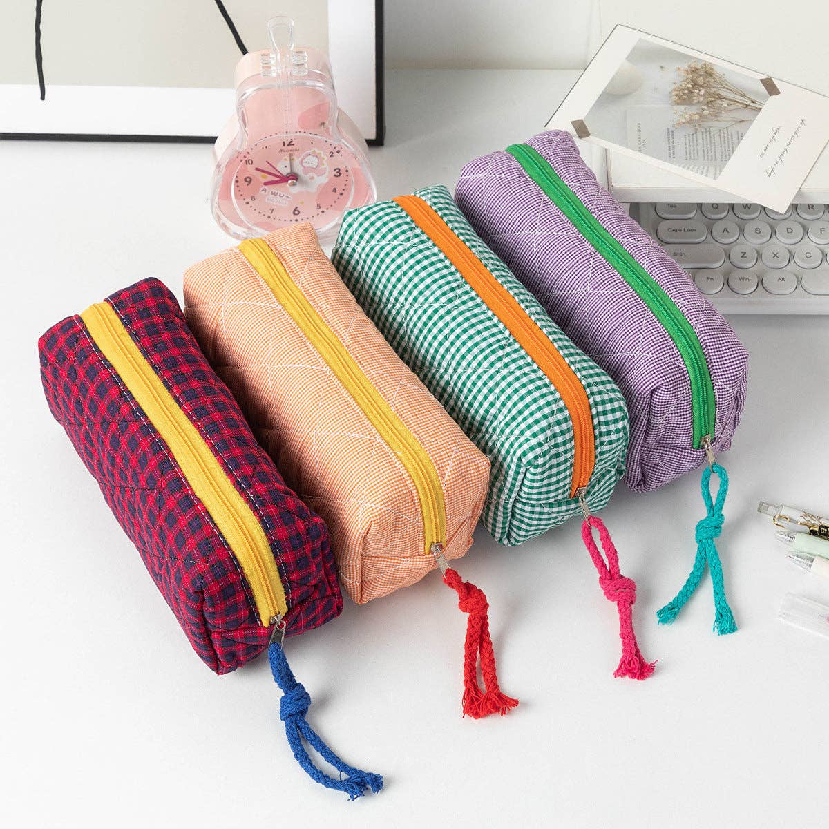 Retro Color Contrast Plaid Portable Pencil Pouch