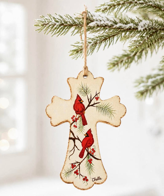Twin Winter Cardinals Cross Christmas Ornament