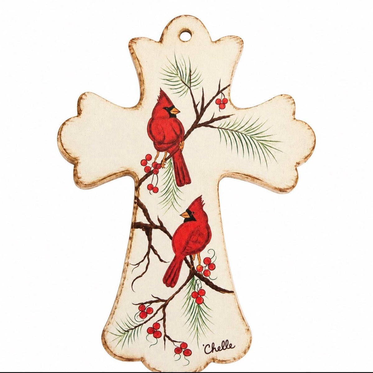Twin Winter Cardinals Cross Christmas Ornament