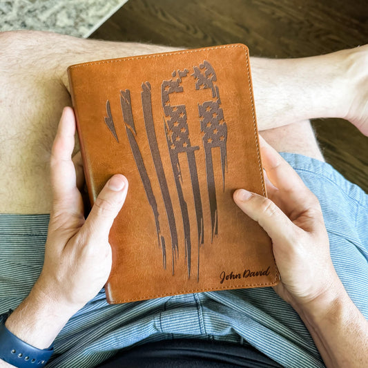 CSB He Reads Truth Bible - American Flag and Cross - Personalized