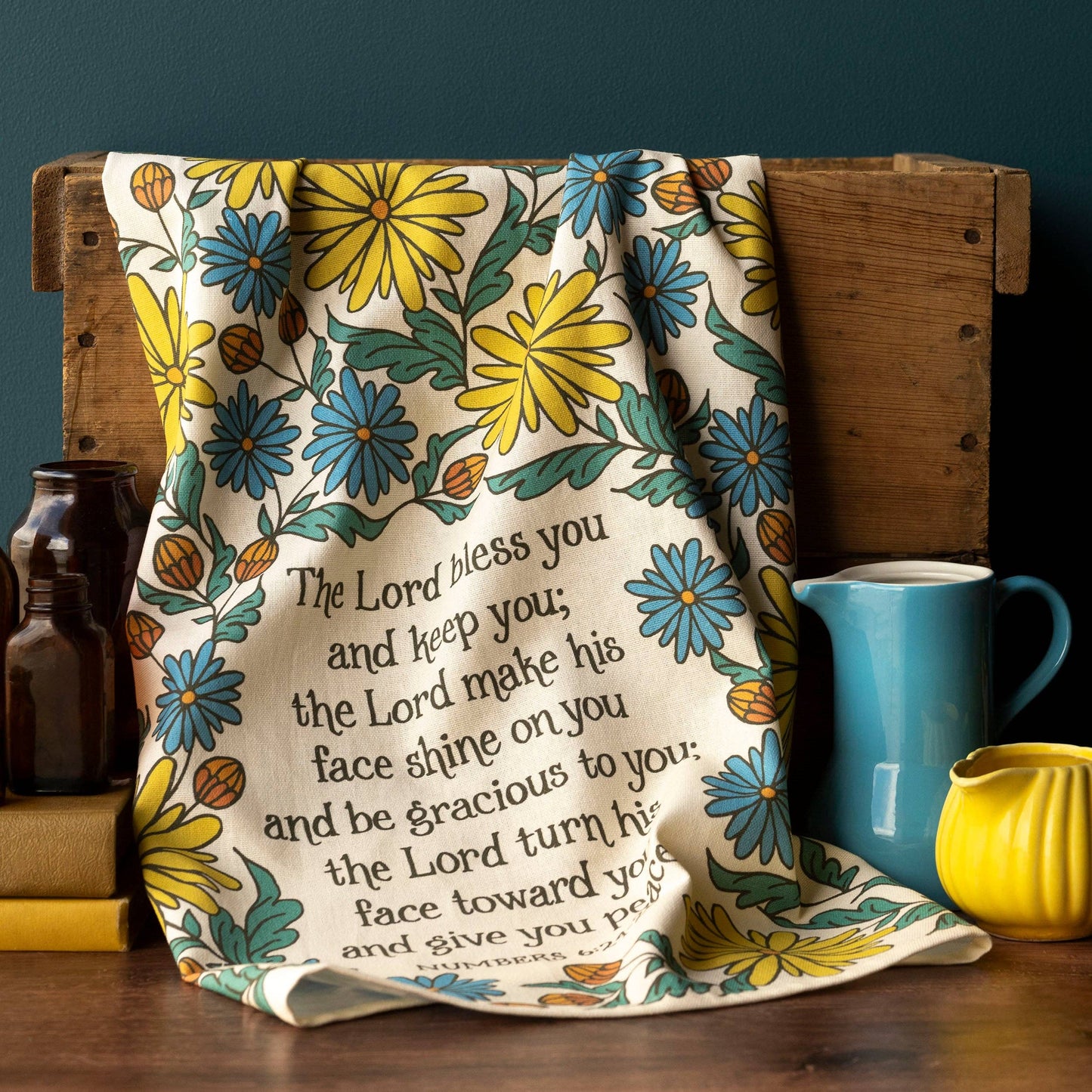 The Blessing Scripture Tea Towel - Full Color NIV - Yellow Floral