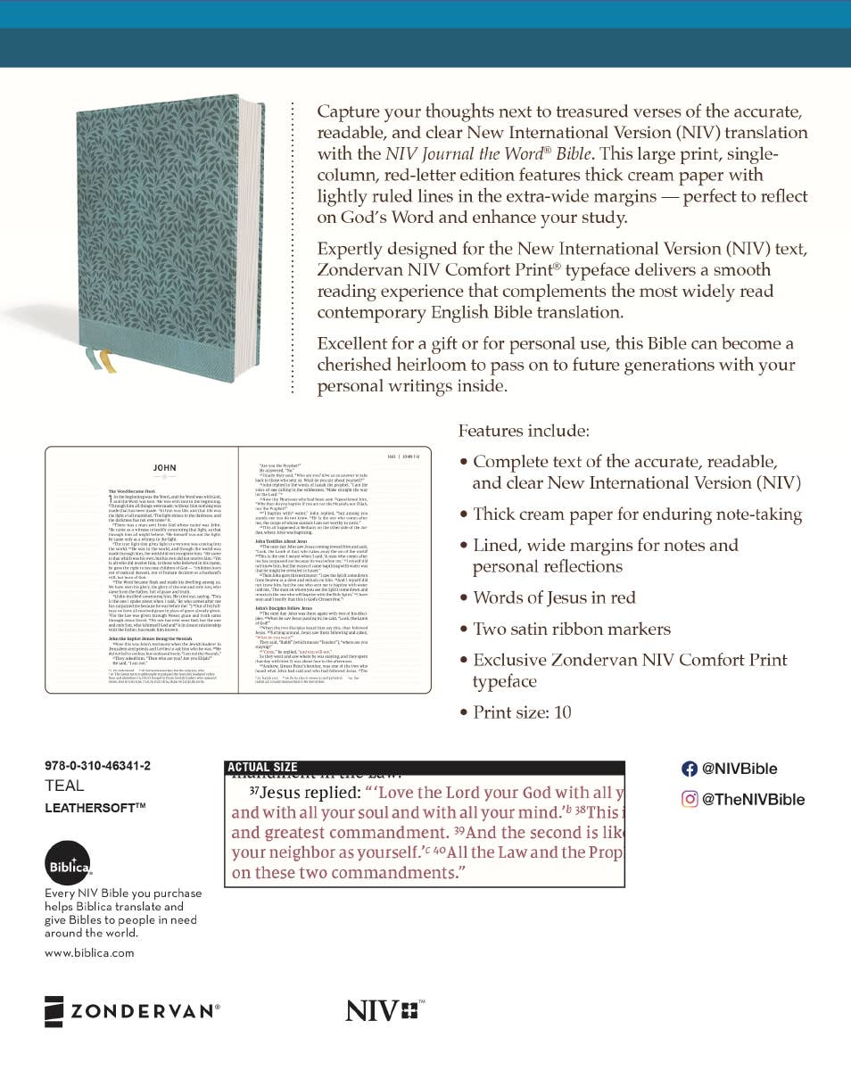 NIV Journal The Word Bible Large Print Leathersoft Teal